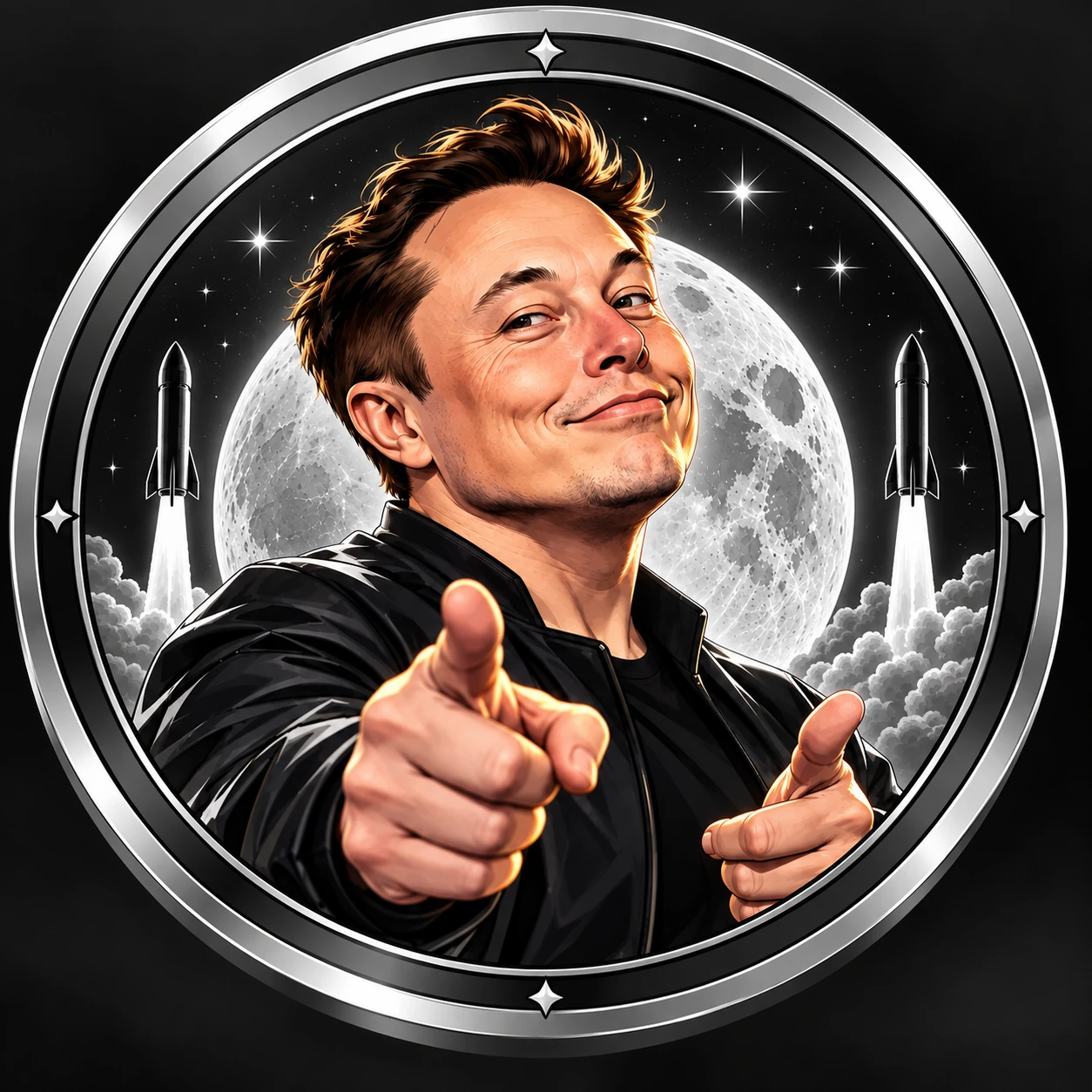Stylized colorful space-themed portrait inside a silver coin emblem